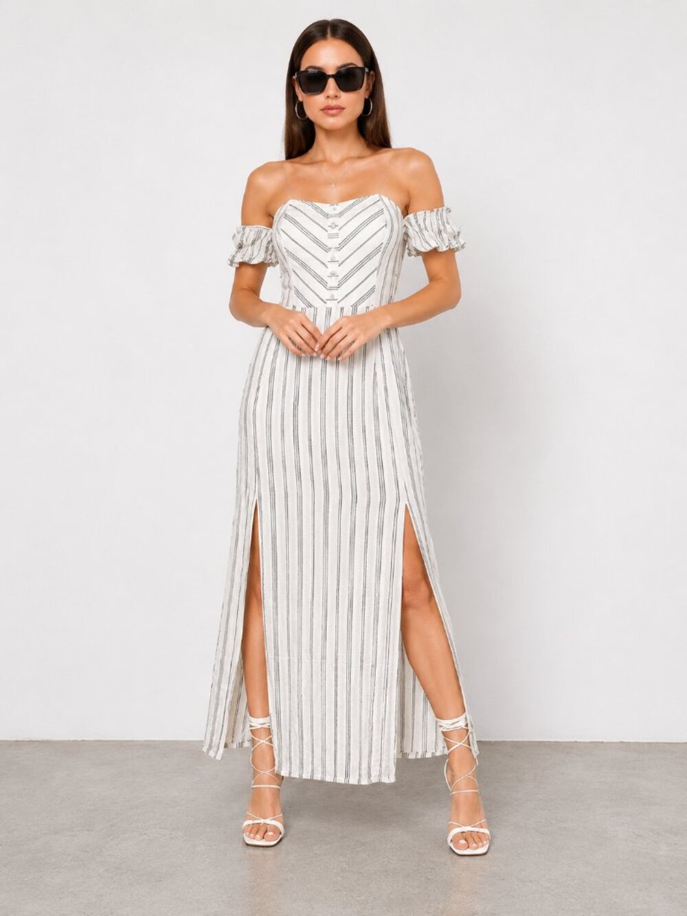 Off White Blue Striped Off Shoulder Maxi Dress Slit NWT